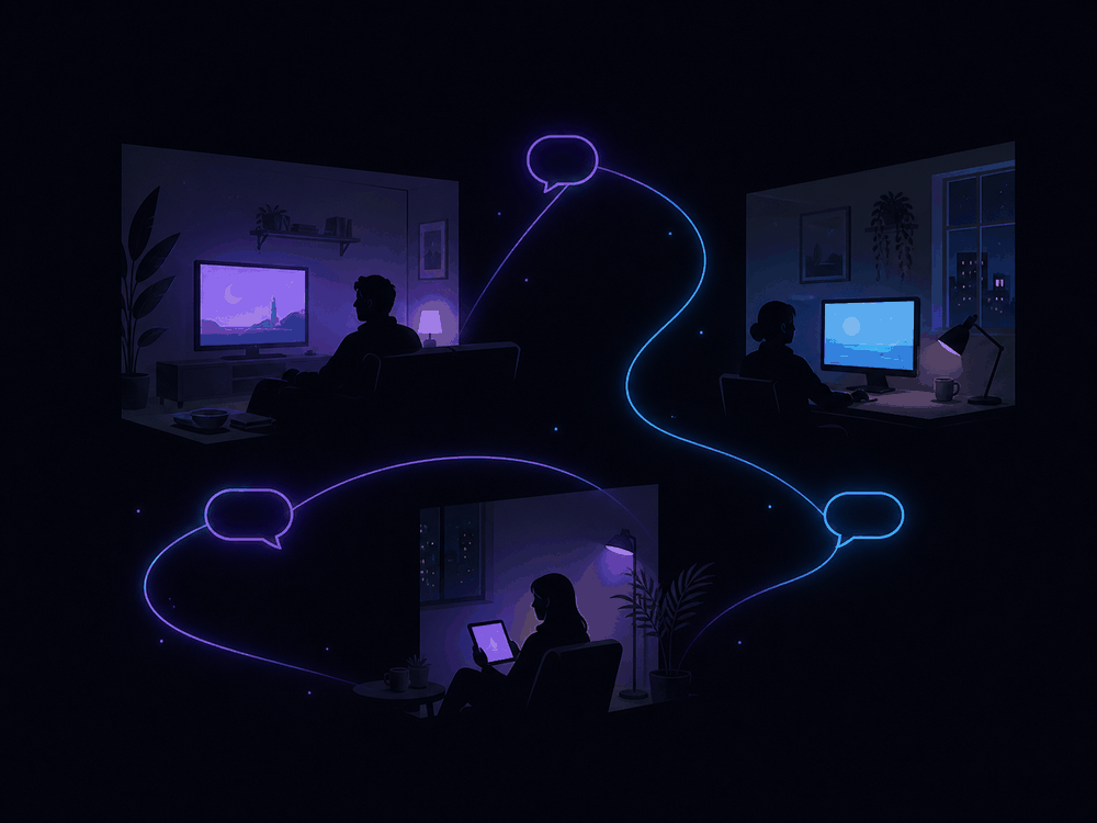 Three people watching the same thing in different rooms — TV in a living room, desktop in an office, tablet on a couch — connected by floating chat bubbles